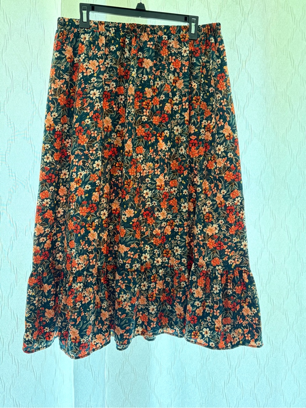Tiered Maxi Skirt in Dark Green with Orange Floral Print
